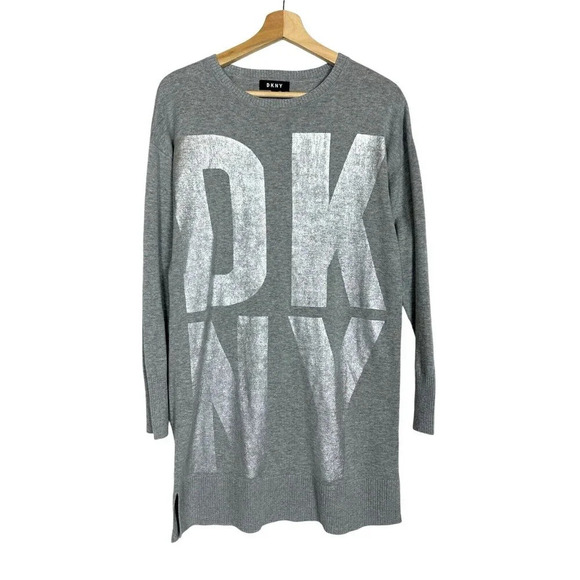 DKNY Women's Size Small Sweater Dress Logo Gray Metallic Streetwear 90s - Picture 1 of 11